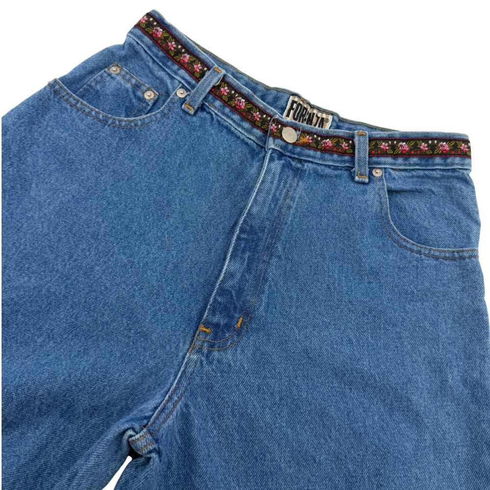 Forenza Jeans Women 28 Blue High Waist Straight Leg Floral Ribbon Trim Vintage